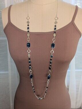 Nine West Long Silver Tone Black Marbled Resin Geometric Station Necklace